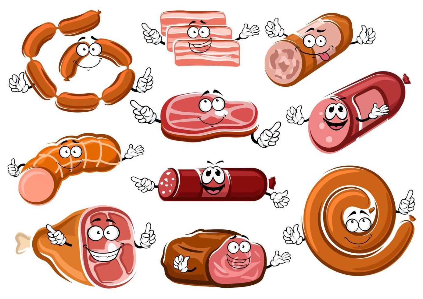 cartone animato salsicce, Bacon, bistecca e arrosto Manzo vettore