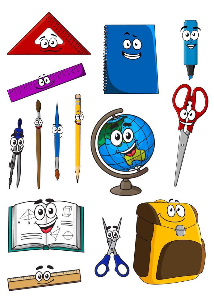 contento cartone animato scuola forniture personaggi vettore