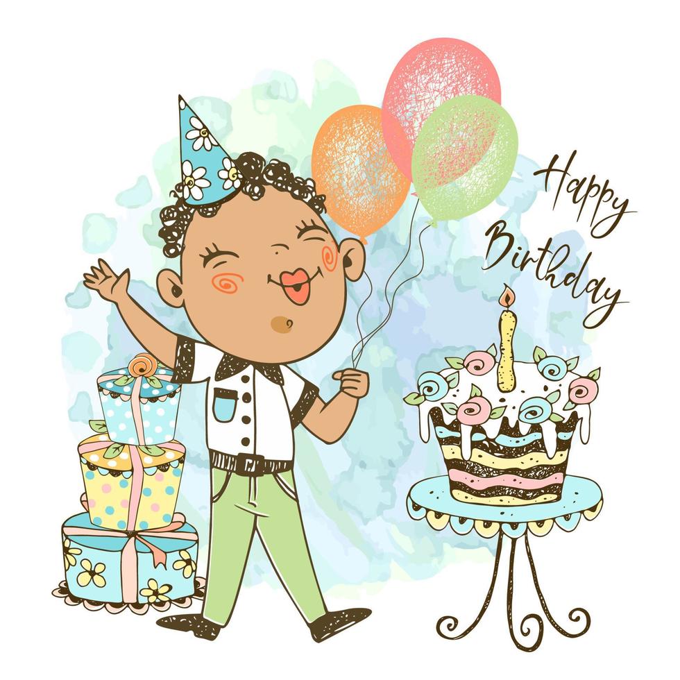un' compleanno carta per il ragazzo. un' ragazzo nel un' festivo berretto con palloncini e un' torta celebra il suo compleanno. vettore. vettore