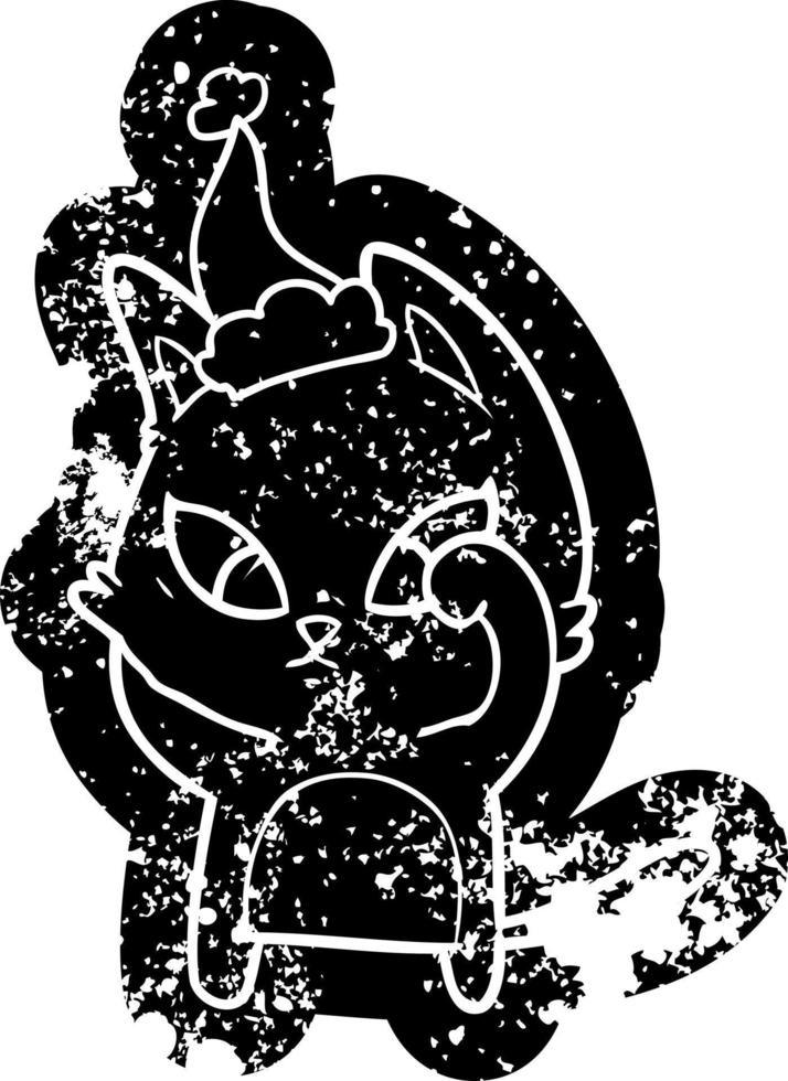 icona angosciata del fumetto confuso di un gatto che indossa il cappello di Babbo Natale vettore