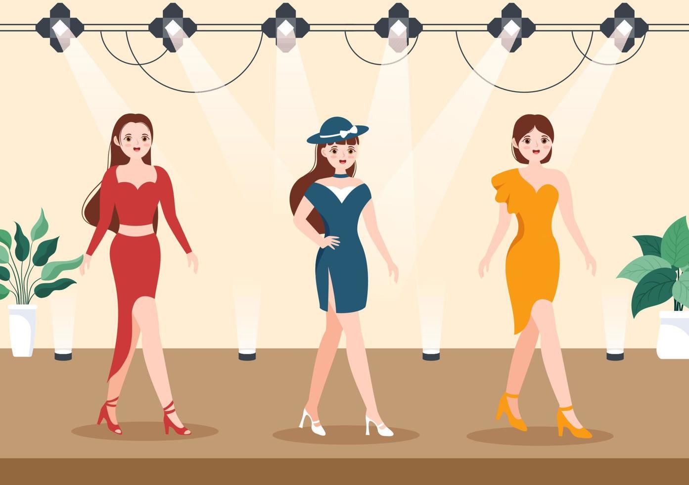 professionale modello modello mano disegnato cartone animato piatto illustrazione con bellissimo donne Modelli a piedi su podio nel moda settimana evento vettore