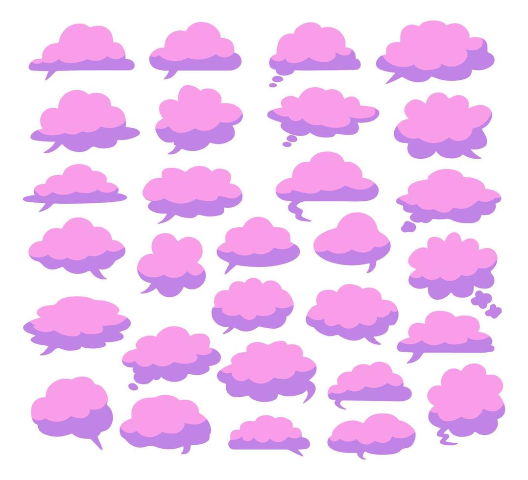 diverso forma cartone animato rosa nuvole su bianca sfondo. vettore decorazione elemento. Chiacchierare bolla accondiscendente cartello atmosfera clima natura forma elemento