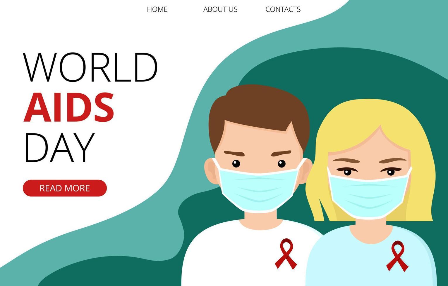 mondo AIDS giorno modello con giovane uomo e donna indossare maschere e rosso nastro, solidarietà con positivo all'hiv e vivente con AIDS le persone. consapevolezza campagna. atterraggio pagina orizzontale modello, manifesto vettore