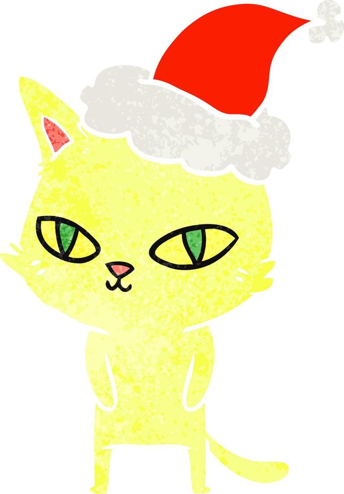 retrò cartone animato di un' gatto con luminosa occhi indossare Santa cappello vettore