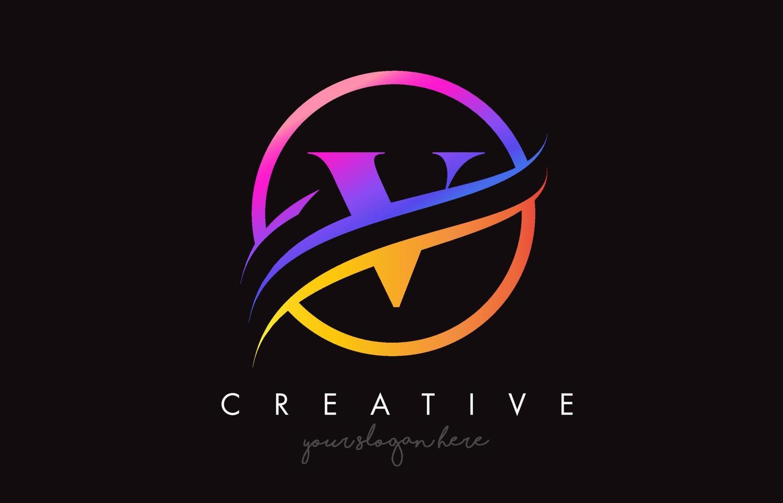 creativo lettera v logo con viola arancia colori e cerchio swoosh tagliare design vettore