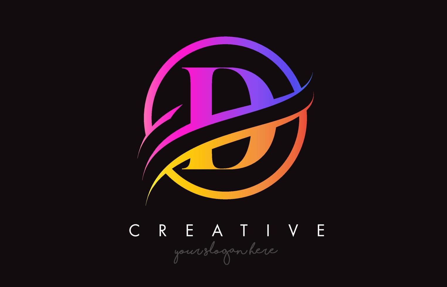 creativo lettera d logo con viola arancia colori e cerchio swoosh tagliare design vettore