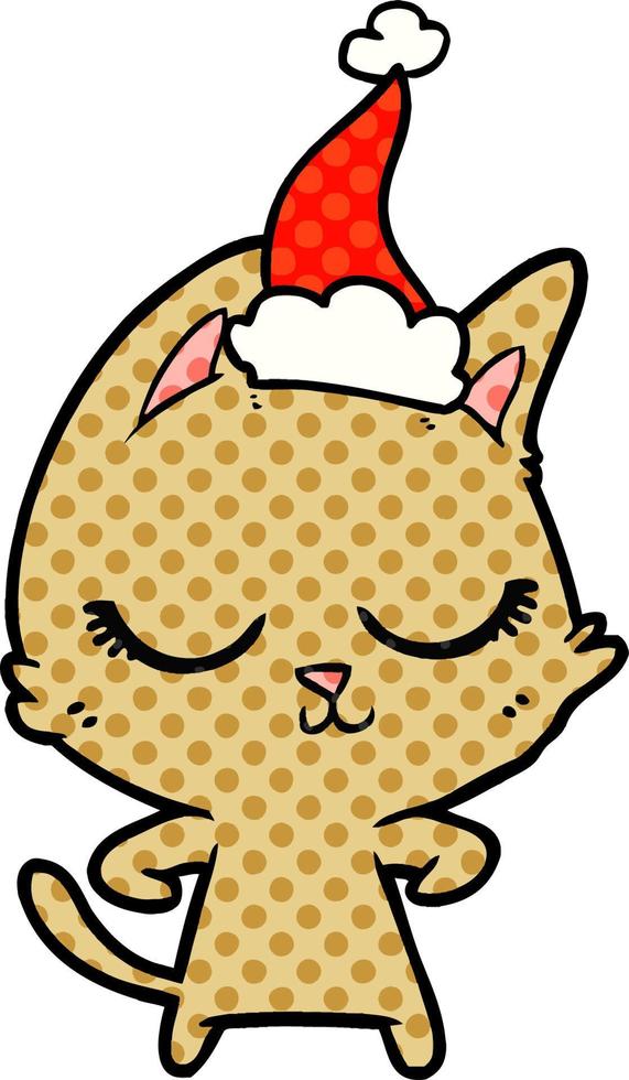 calma in stile fumetto illustrazione di un gatto che indossa il cappello di Babbo Natale vettore