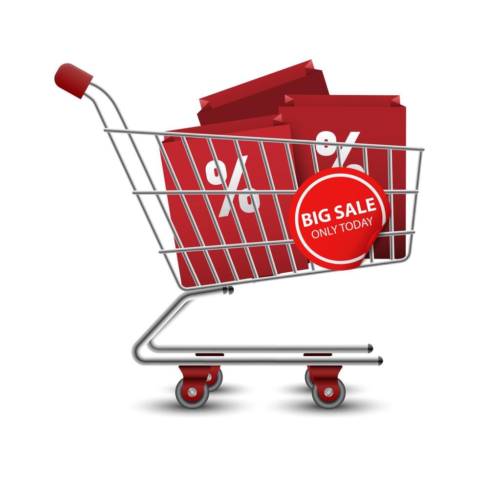 shopping carrelli pieno di shopping borse con 3d rosso prezzo tag saldi, vettore illustrazione