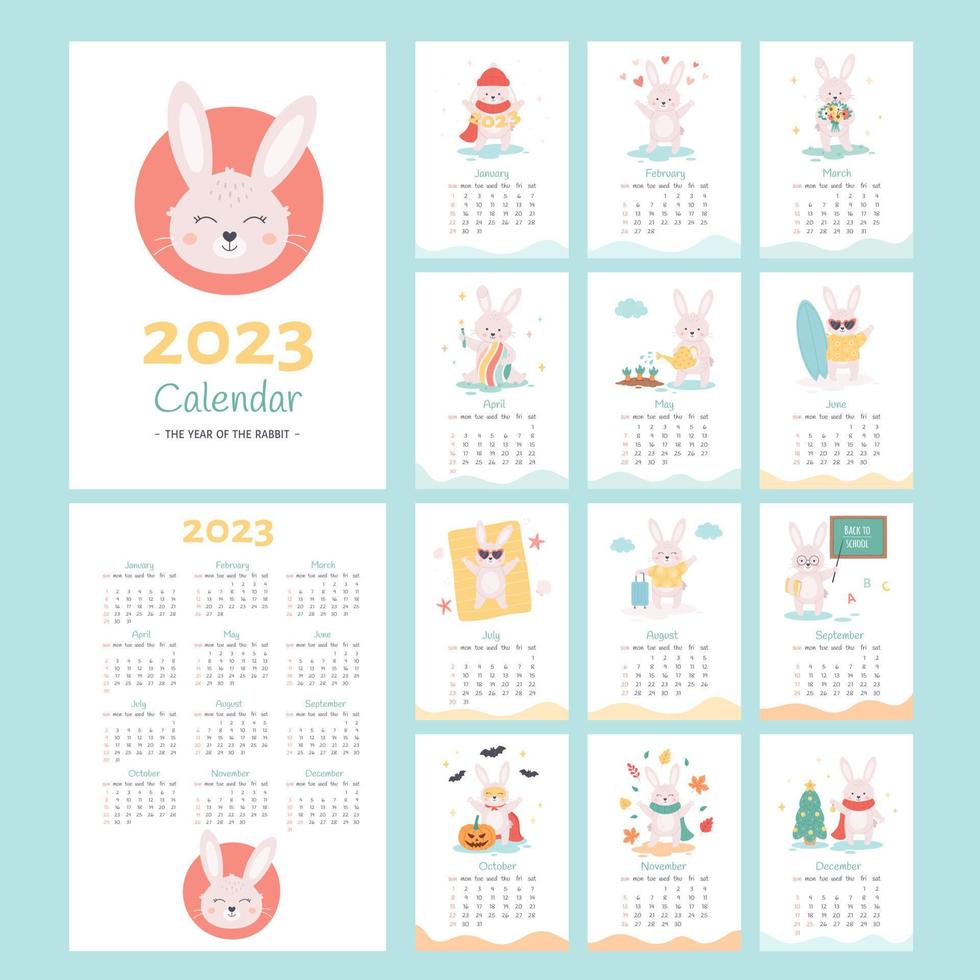 calendario 2023 con carino coniglio. coniglietto personaggio portafortuna simbolo anno. copertina e 12 mese vettore pagine. settimana a partire dal lunedì.