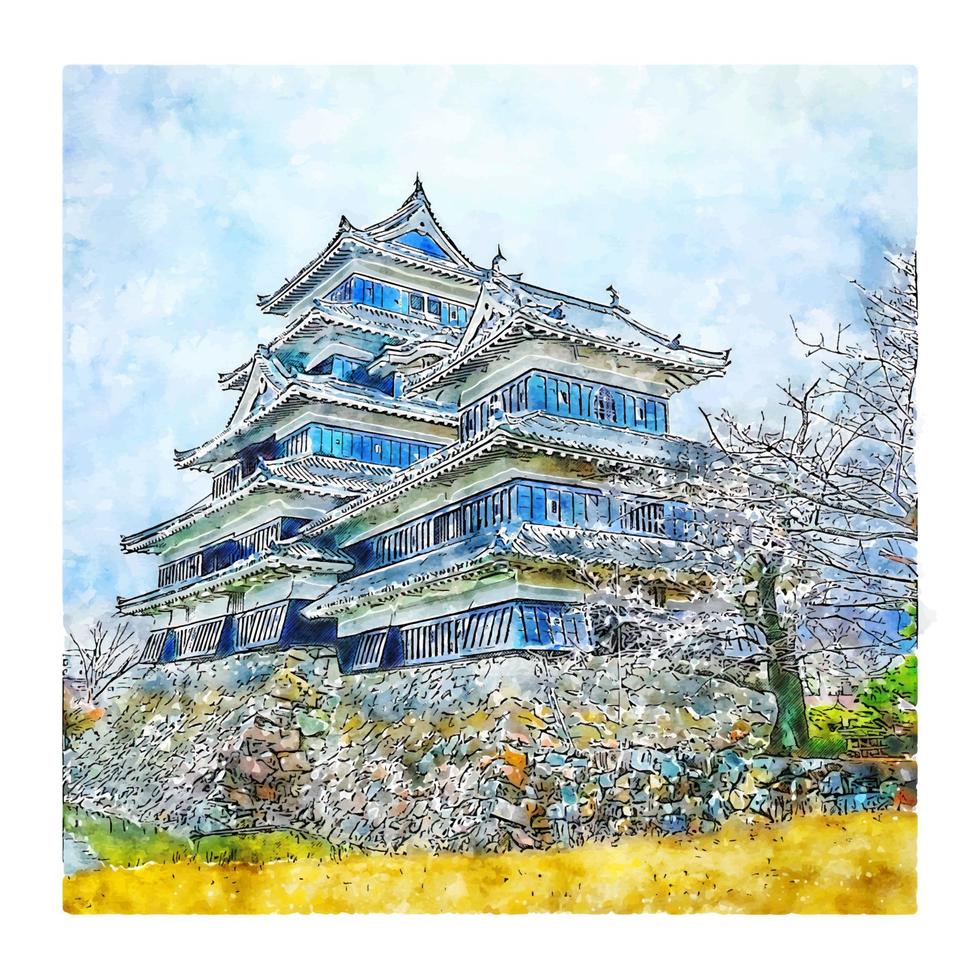 illustrazione disegnata a mano di schizzo dell'acquerello del castello di matsumoto giappone vettore