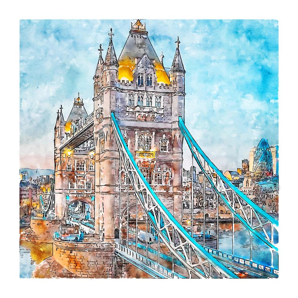 illustrazione disegnata a mano di schizzo dell'acquerello di tower bridge londra regno unito vettore