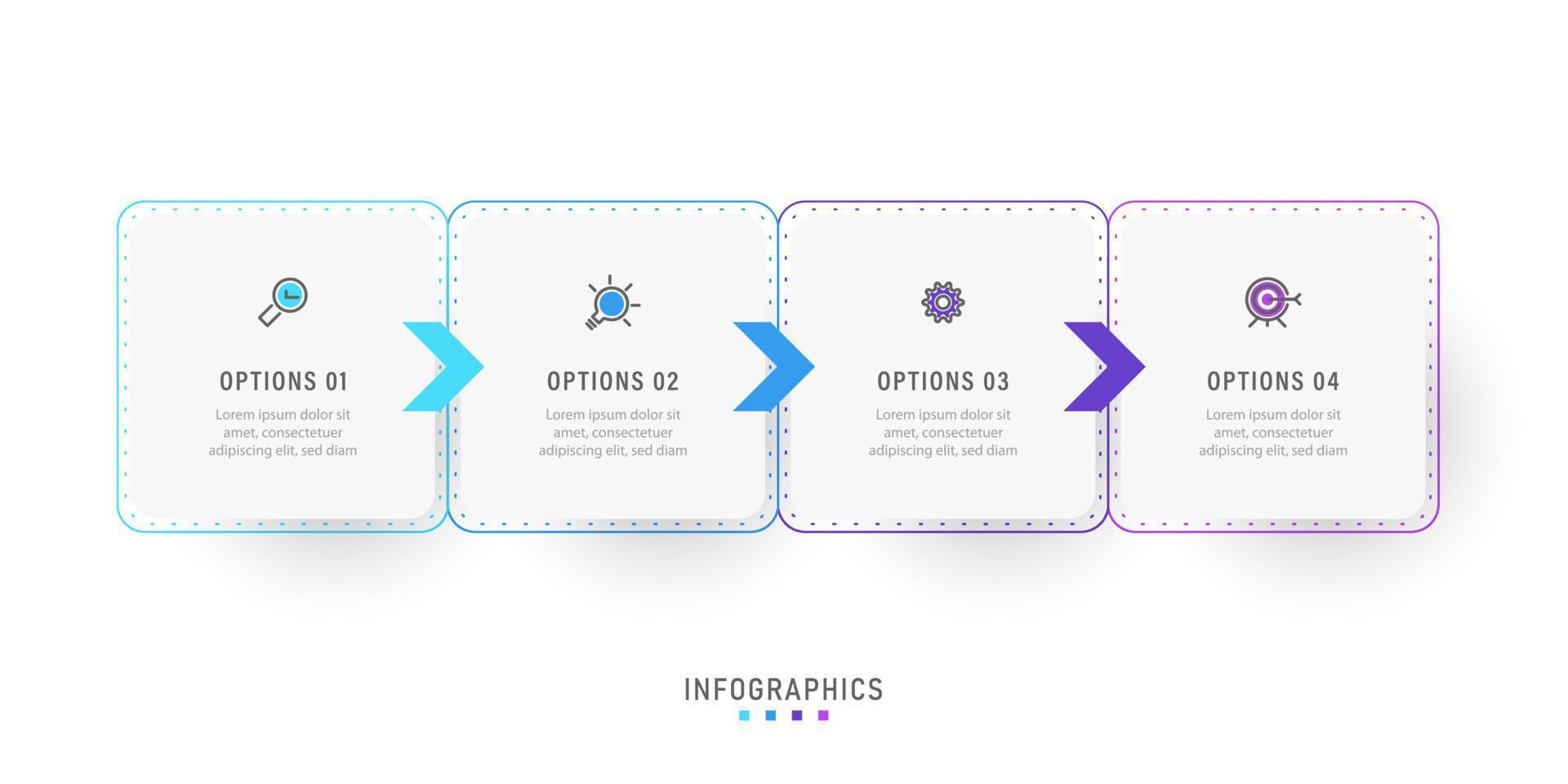 modello di progettazione di etichetta infografica vettoriale con icone e 4 opzioni o passaggi. può essere utilizzato per diagramma di processo, presentazioni, layout del flusso di lavoro, banner, diagramma di flusso, grafico informativo.