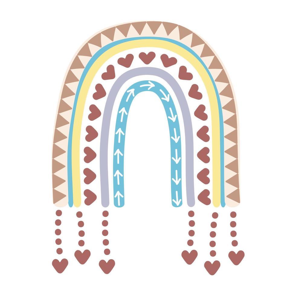 scandinavo boemo arcobaleno isolato su bianca sfondo. mano disegnato clipart boho, bambini decorazione con carino arcobaleno. etnico stile vettore