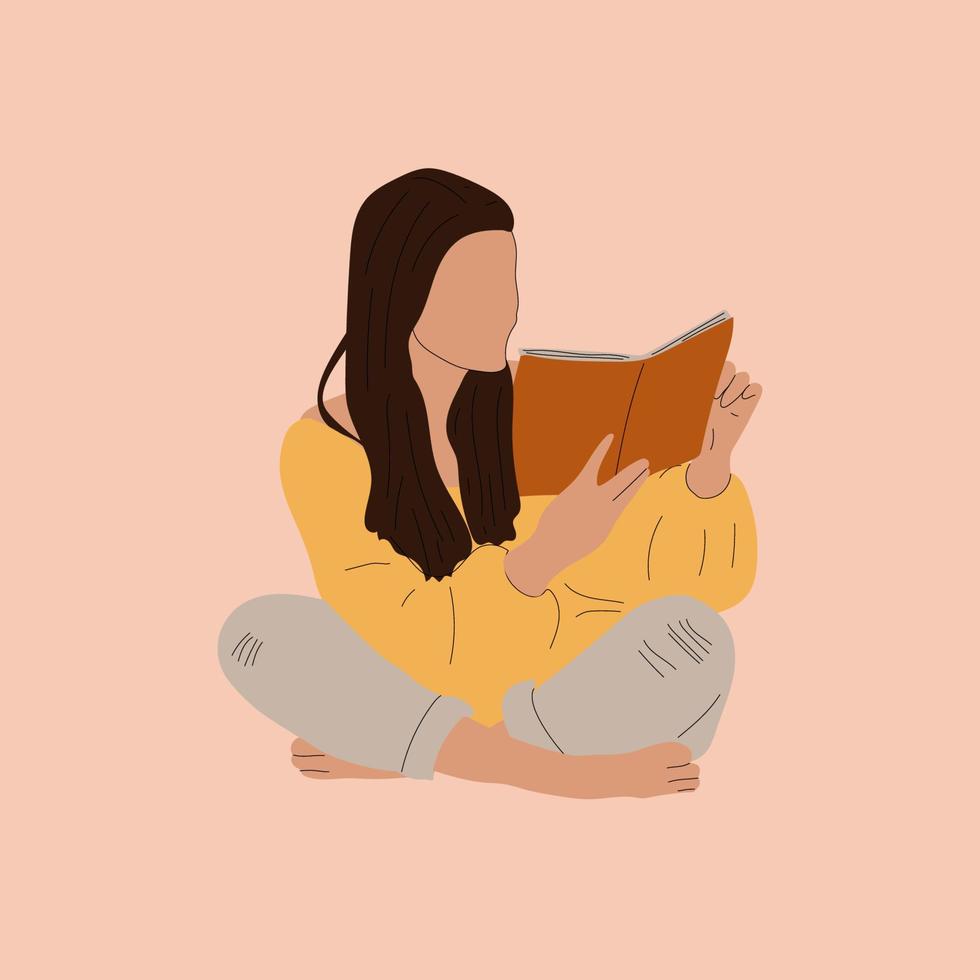 donna lettura un' libro e il libro dando sua un' confortante abbraccio, vettore illustrazione