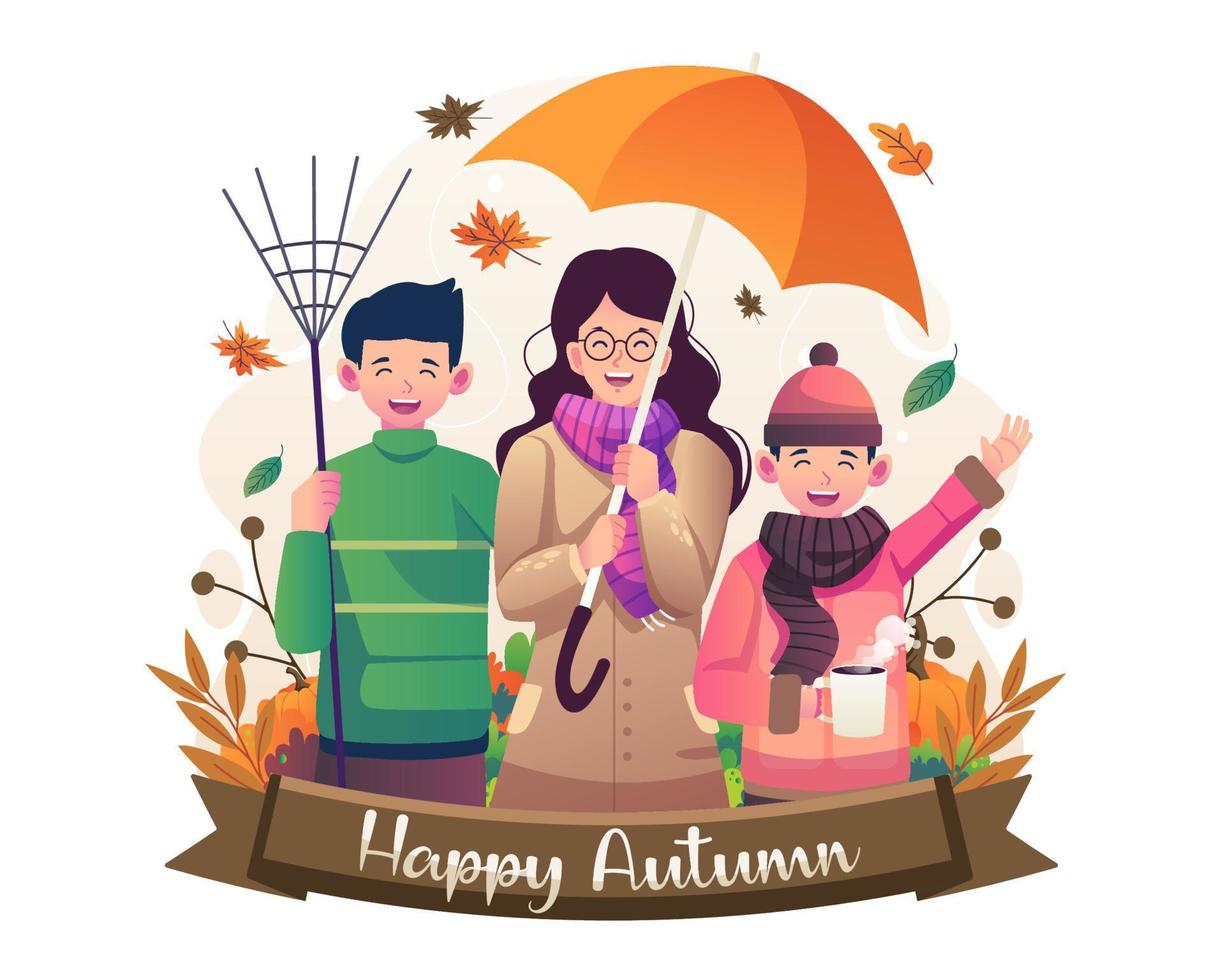 contento autunno celebrazione con un' giovane ragazza Tenere un ombrello, un' uomo Tenere un' scopa, e godendo un' tazza di caffè. vettore illustrazione nel piatto stile