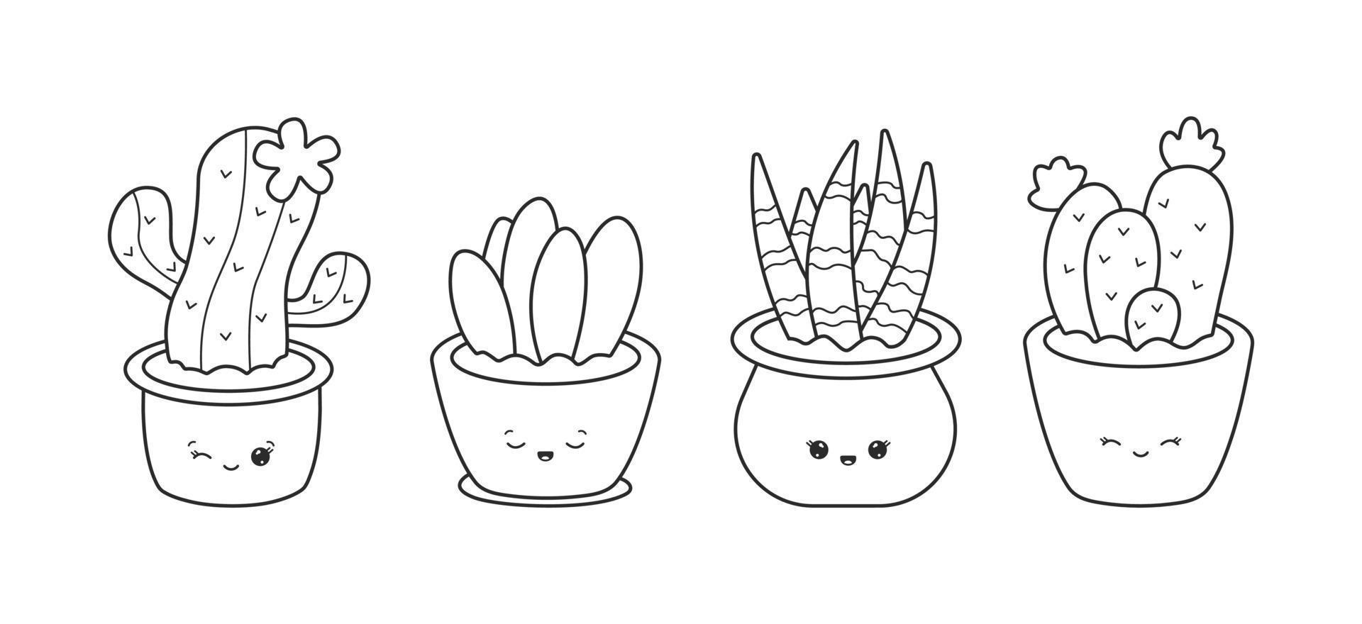 collezione di cactus e Casa impianti con divertente facce. impostato di kawaii in vaso impianti e cactus nel nero lineare disegno stile. vettore illustrazione isolato su bianca sfondo