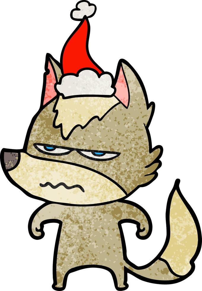 cartone animato testurizzato di un lupo infastidito che indossa il cappello di Babbo Natale vettore
