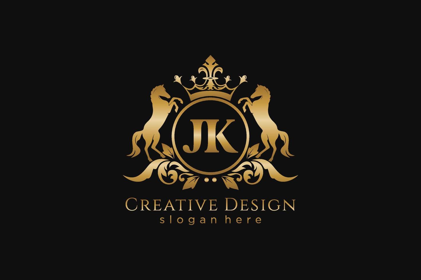 iniziale jk retrò d'oro cresta con cerchio e Due cavalli, distintivo modello con pergamene e reale corona - Perfetto per lussuoso il branding progetti vettore