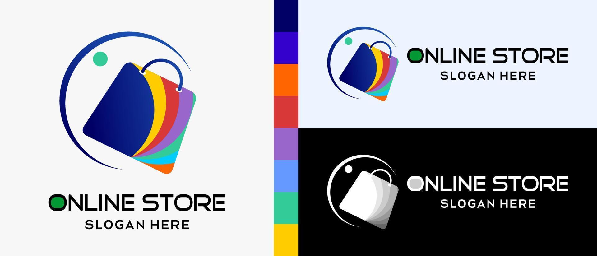 in linea shopping o in linea negozio logo design modello con shopping Borsa elementi nel arcobaleno colori concetto nel cerchio. premio in linea negozio logo illustrazione vettore