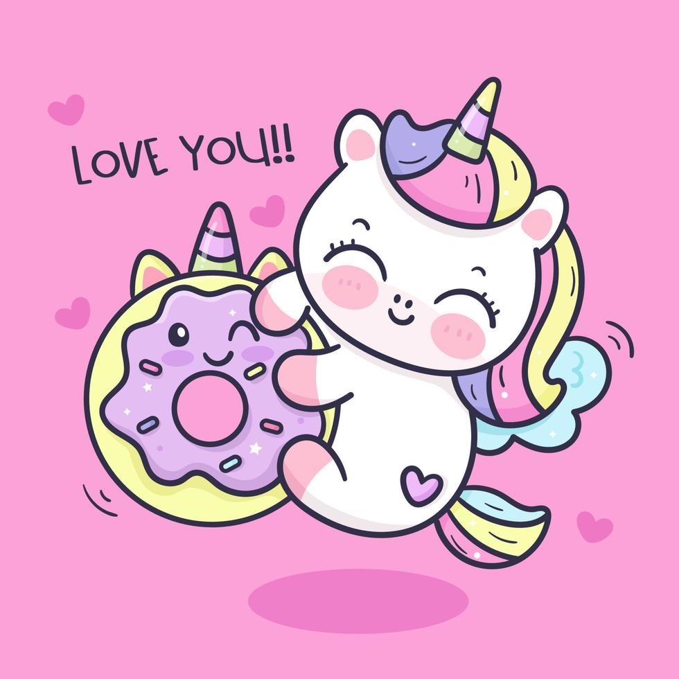 carino unicorno contento con pony ciambella kawaii cartone animato vettore