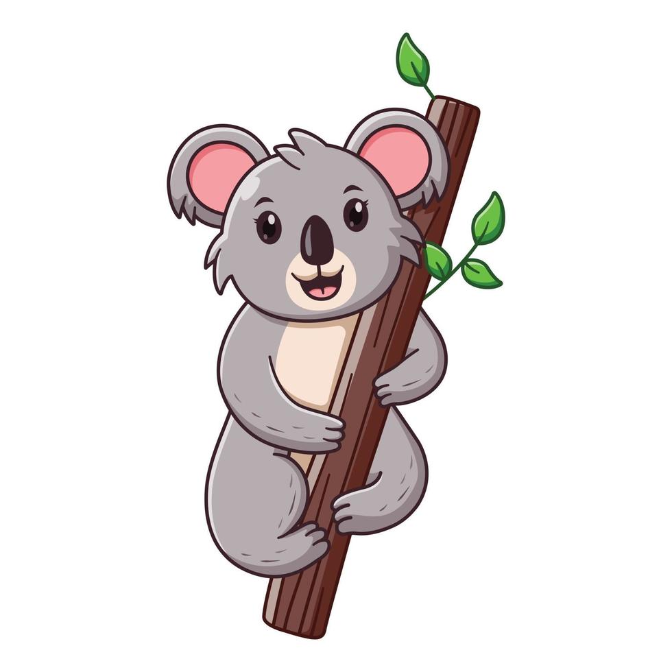 carino koala arrampicata il albero cartone animato. animale icona concetto. piatto cartone animato stile. adatto per ragnatela atterraggio pagina, striscione, volantino, etichetta, carta vettore