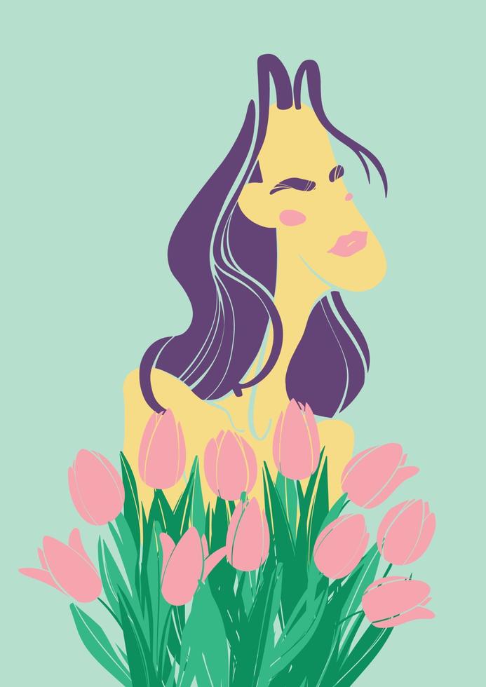 ragazza nel un' mazzo di fiori su un' colorato sfondo. fallimento di un' giovane ragazza nel tulipani. primavera donna manifesto design. festivo striscione, manifesto. moda annuncio. vettore