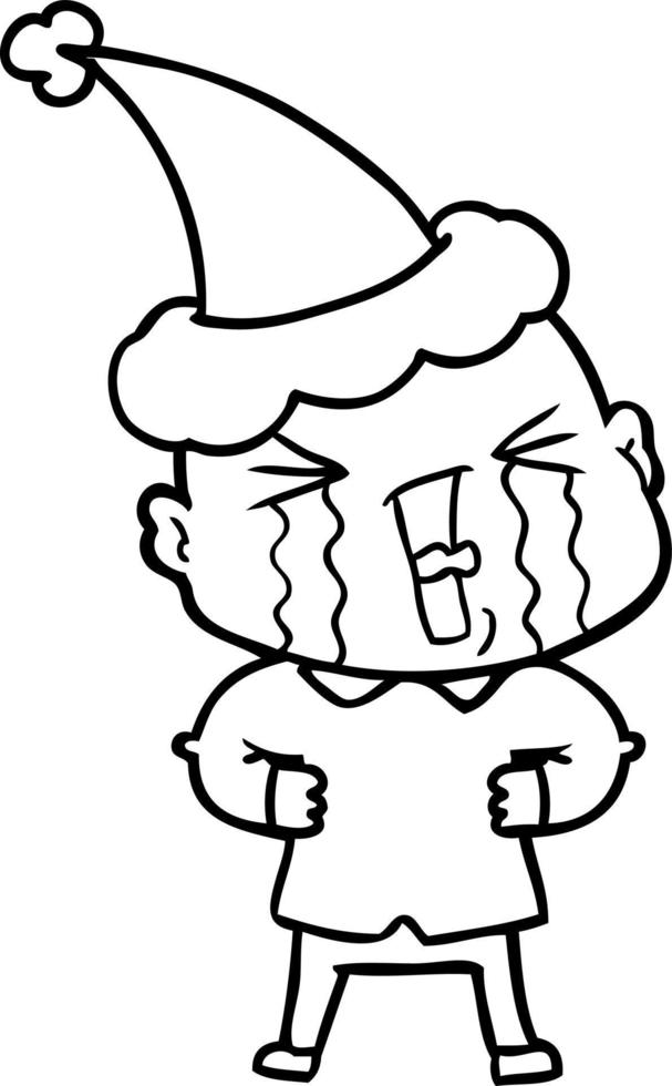 disegno a tratteggio di un uomo calvo piangente che indossa il cappello di Babbo Natale vettore