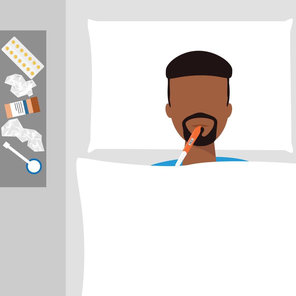 africano uomo posare nel letto con freddo o influenza con un' termometro. influenza uomo con qualunque farmaco. vettore illustrazione