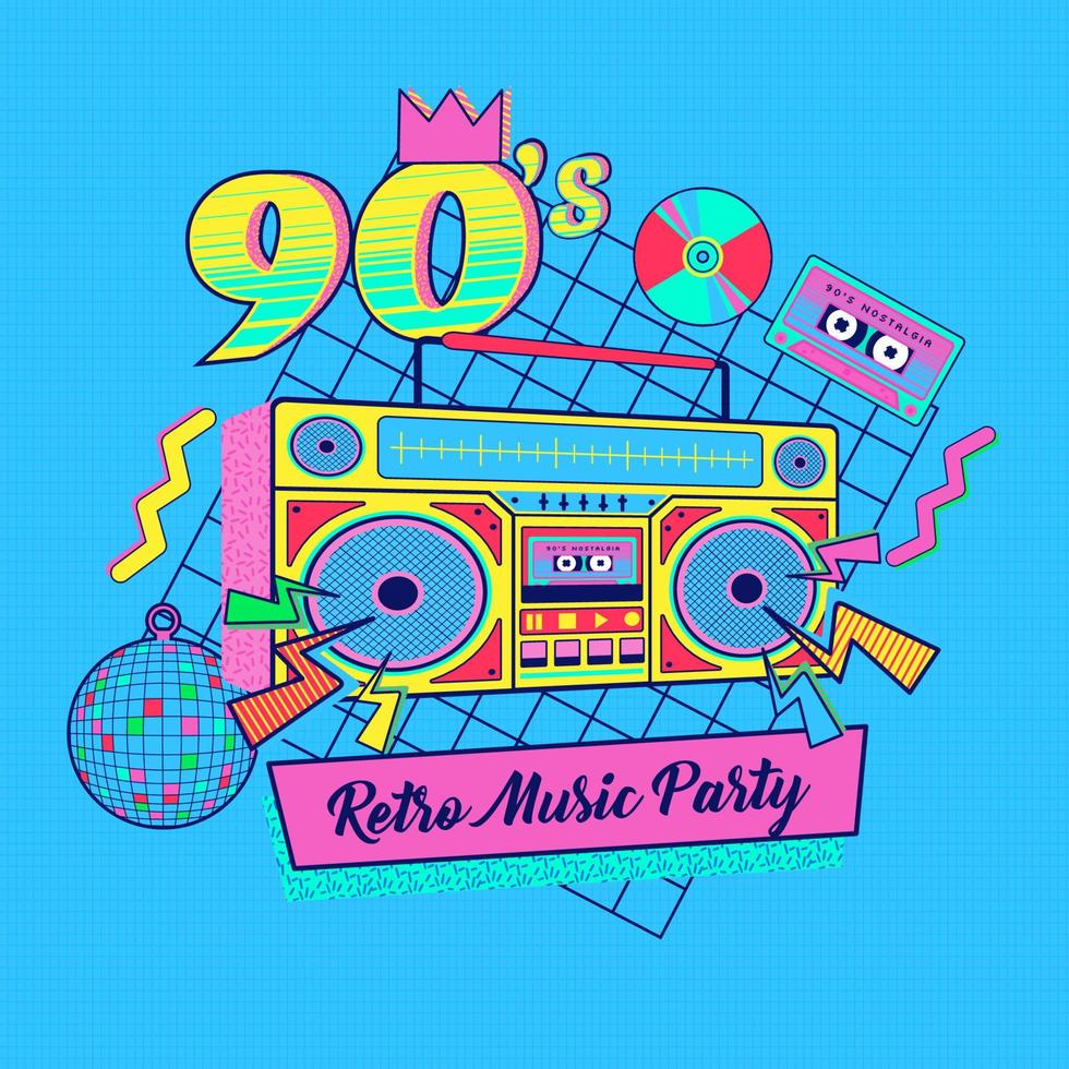 anni 90 anni 80 Memphis nostalgico colorato retrò musica festa vettore