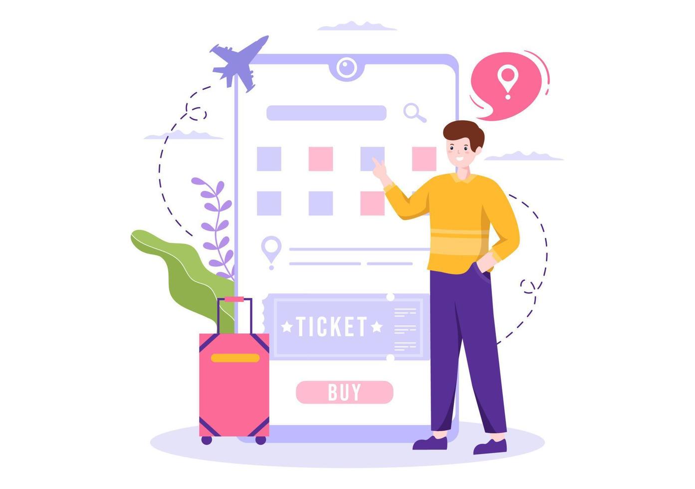 biglietto viaggio in linea prenotazione servizio App su smartphone modello mano disegnato cartone animato piatto illustrazione per viaggio pianificazione vettore