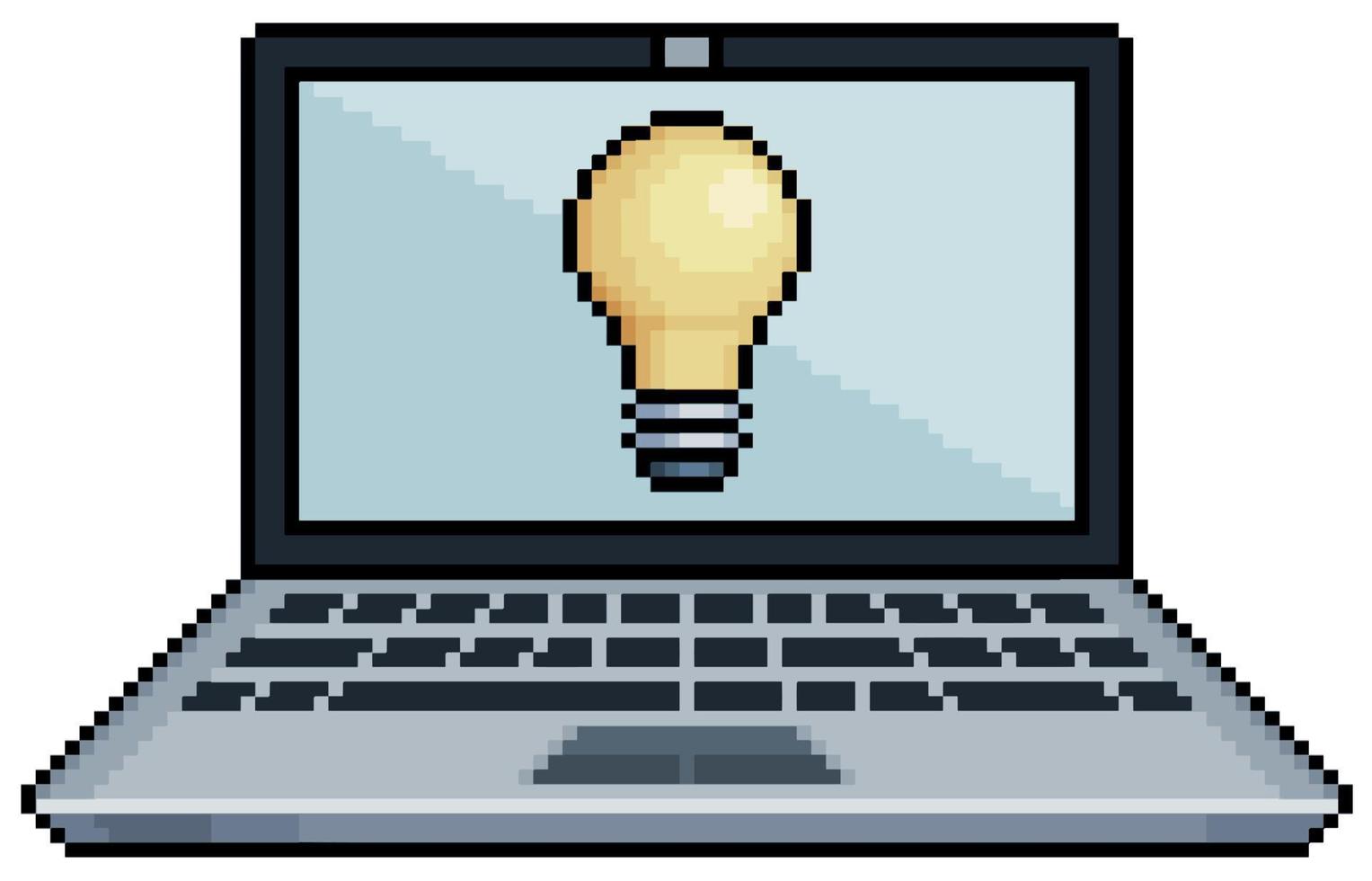 pixel arte il computer portatile con leggero lampadina su schermo, idea e creatività vettore icona per gioco su bianca sfondo