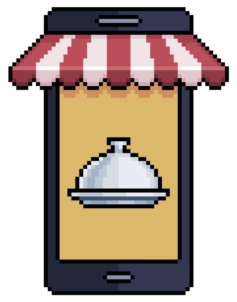 pixel arte mobile Telefono con tenda e cibo piatto, cibo App vettore icona per gioco su bianca sfondo