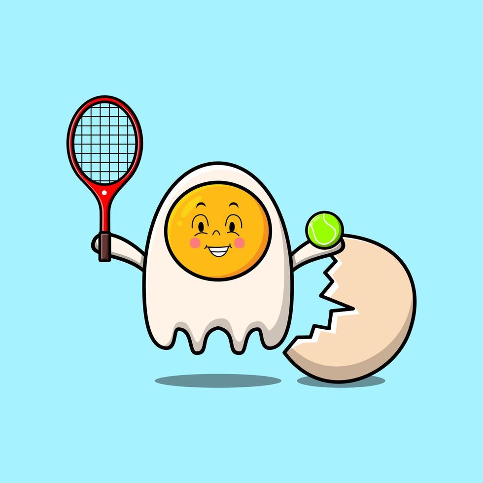 carino cartone animato fritte uova giocando tennis campo vettore