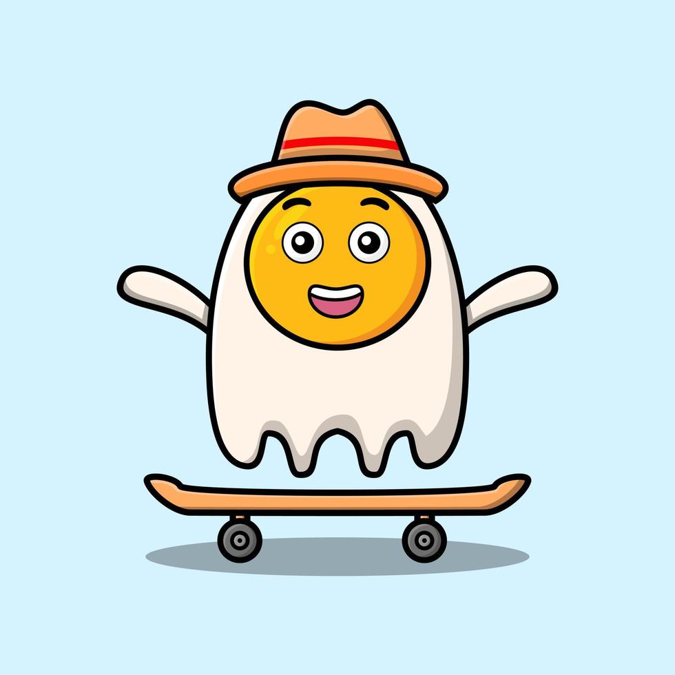 carino cartone animato fritte uova in piedi su skateboard vettore