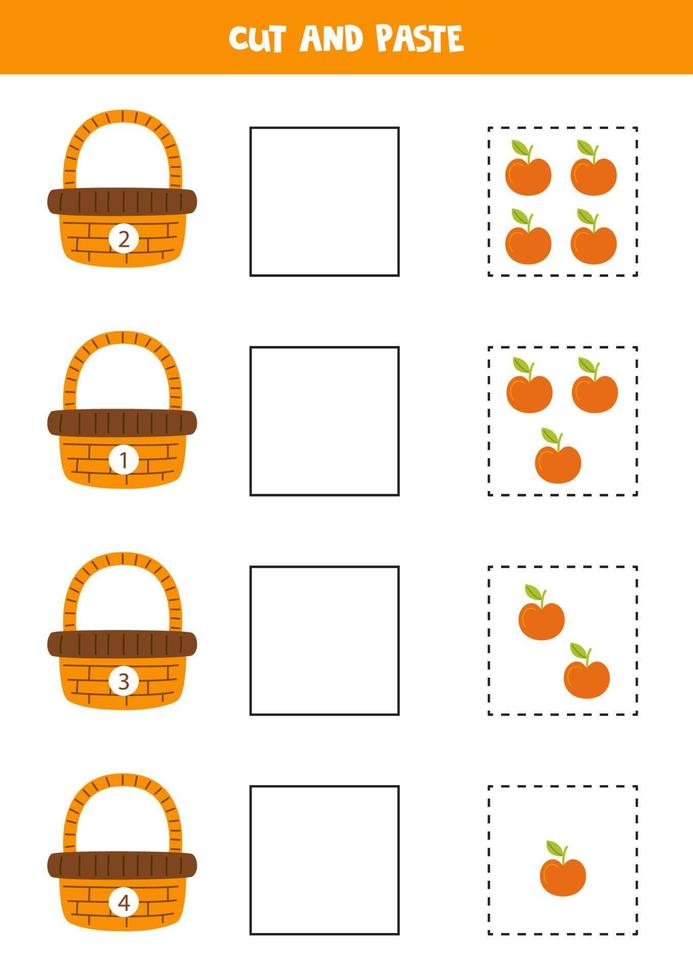 matematica gioco per bambini. contare e incolla mele per cesti. vettore