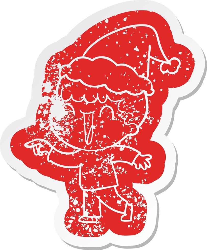ridendo cartone animato afflitto etichetta di un' uomo puntamento indossare Santa cappello vettore