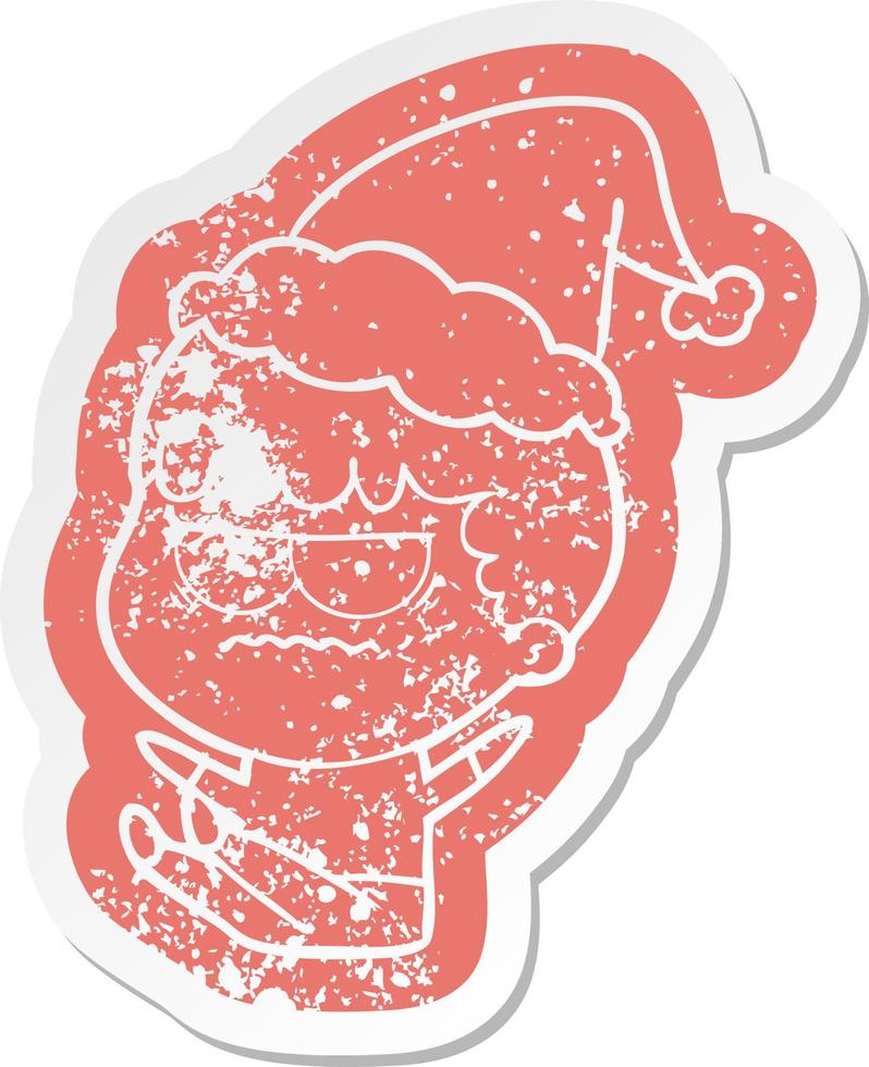 adesivo in difficoltà cartone animato di un uomo infastidito che indossa il cappello di Babbo Natale vettore