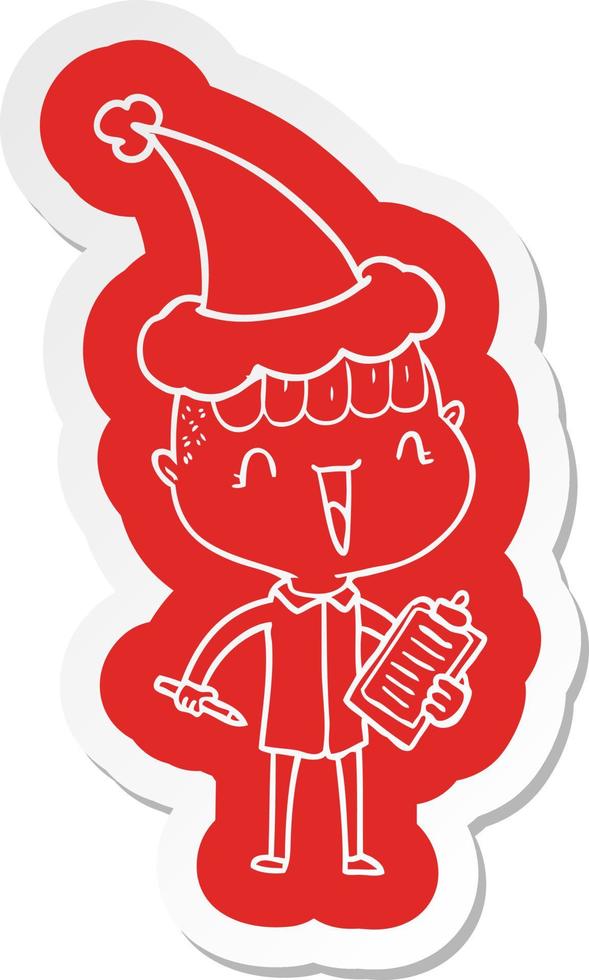 adesivo cartone animato di un ragazzo felice sorpreso con il cappello di Babbo Natale vettore