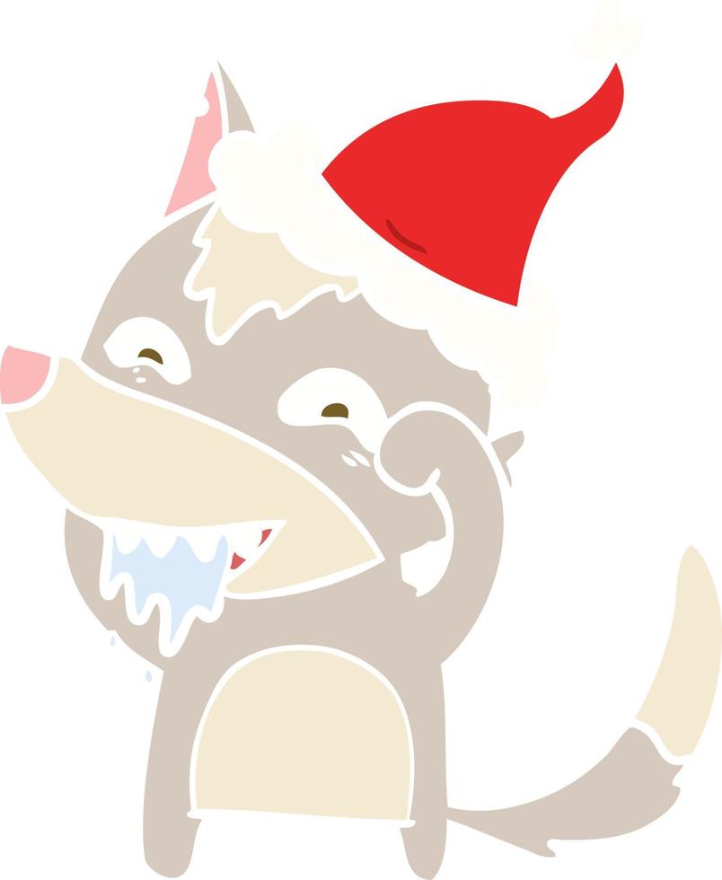 illustrazione a colori piatta di un lupo affamato che indossa un cappello da Babbo Natale vettore