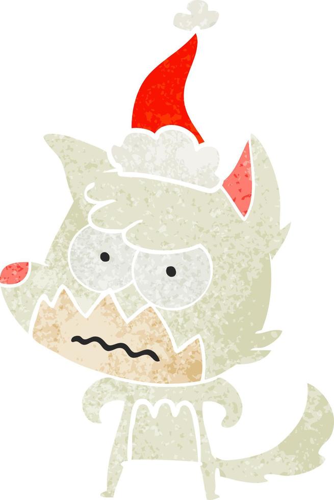 cartone animato retrò di una volpe infastidita che indossa il cappello di Babbo Natale vettore