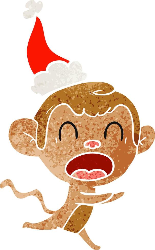 urlando retrò cartone animato di un' scimmia indossare Santa cappello vettore
