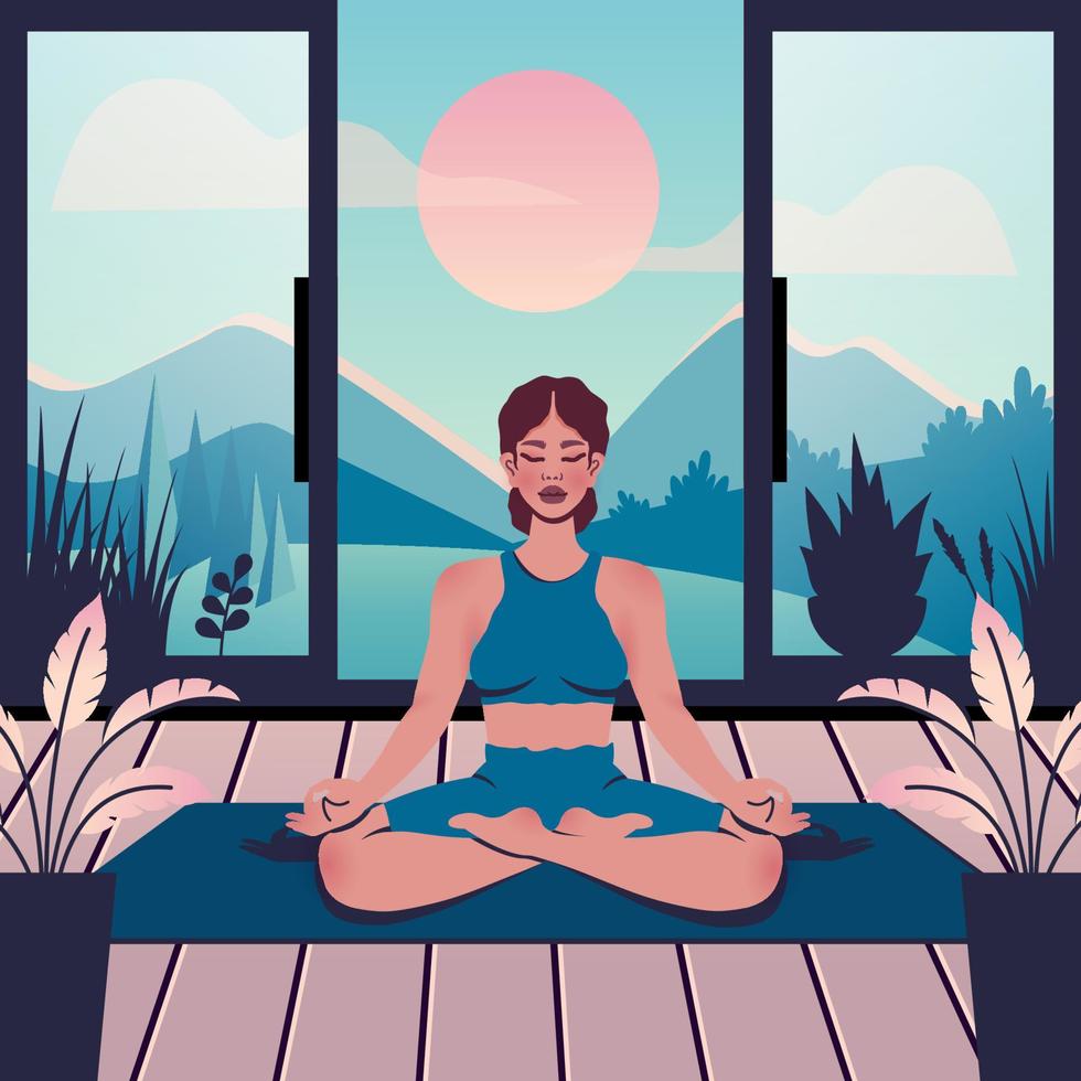 bellissimo yoga donna a casa. giovane ragazza seduta nel loto posa al chiuso. femmina personaggio fa meditazione, respirazione pratica nel camera. interno design. vettore piatto illustrazione di salutare stile di vita