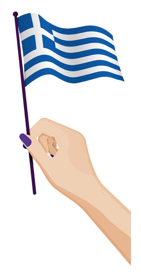 femmina mano delicatamente detiene piccolo Grecia bandiera. vacanza design elemento. cartone animato vettore su bianca sfondo
