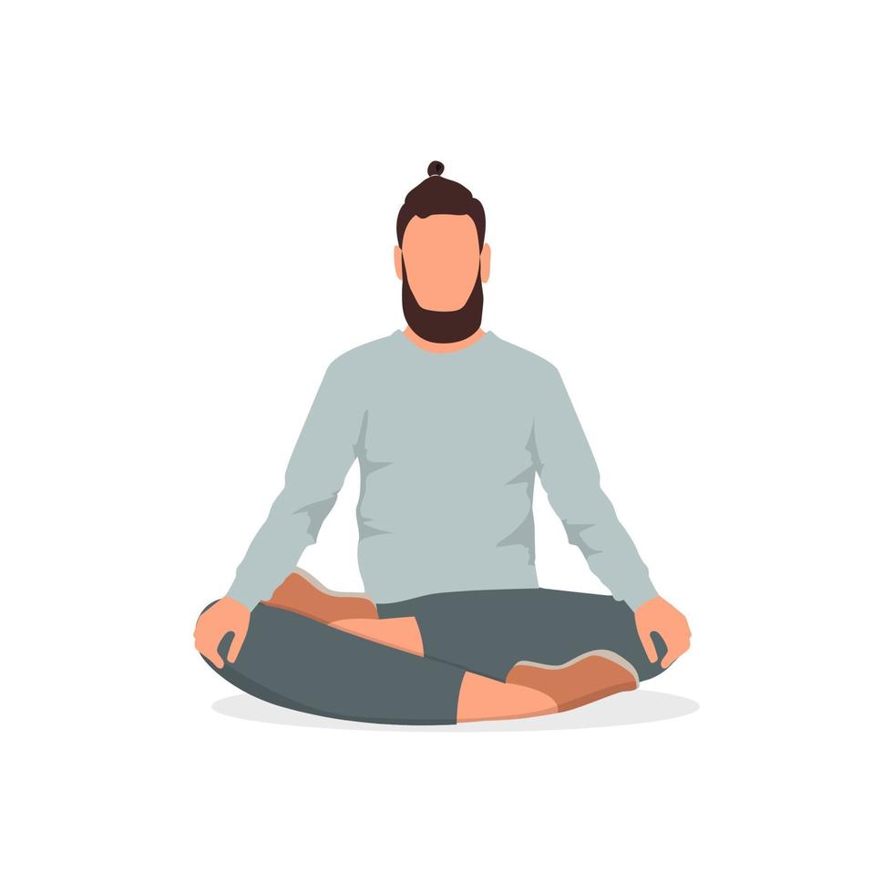 a gambe incrociate uomo Meditare o praticante yoga isolato su il bianca sfondo. vettore illustrazione di rilassato tipo praticante consapevolezza meditazione e respiro controllo esercizi nel silenzio