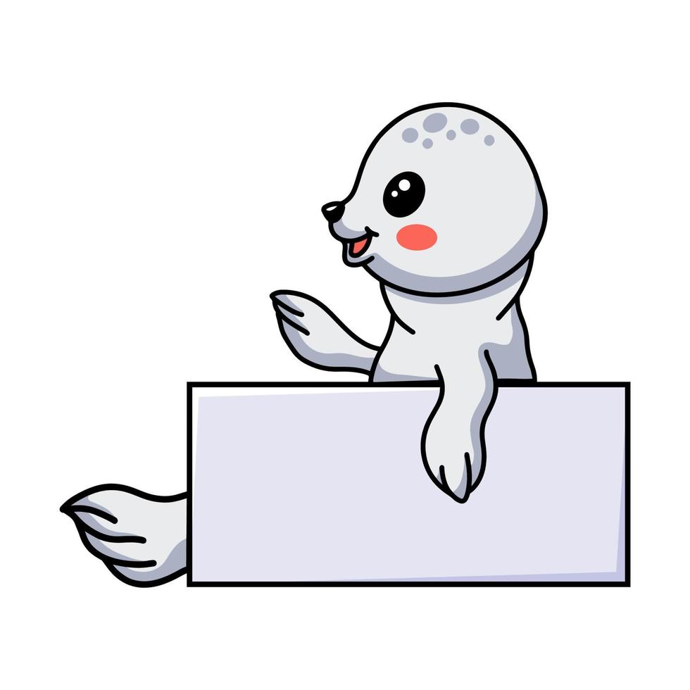 carino bianca poco foca cartone animato con vuoto cartello vettore