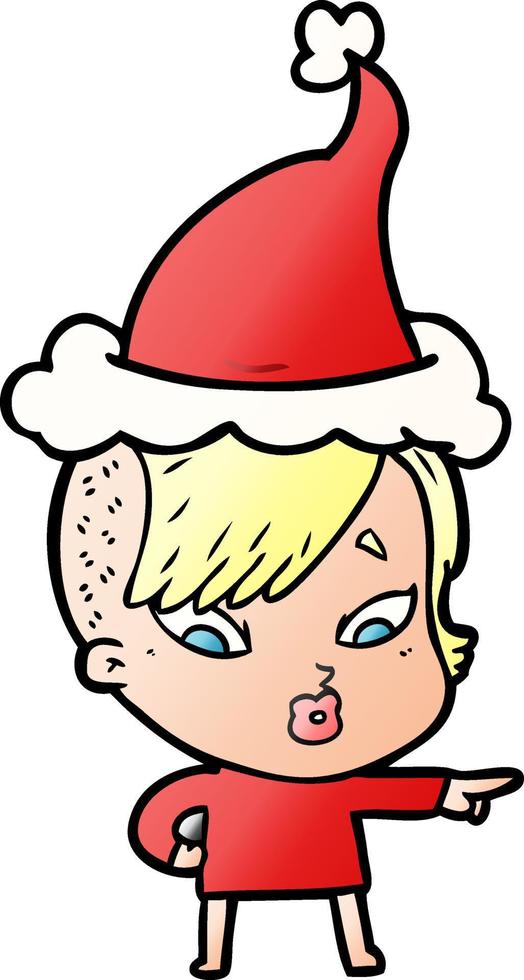 pendenza cartone animato di un' sorpreso ragazza puntamento indossare Santa cappello vettore