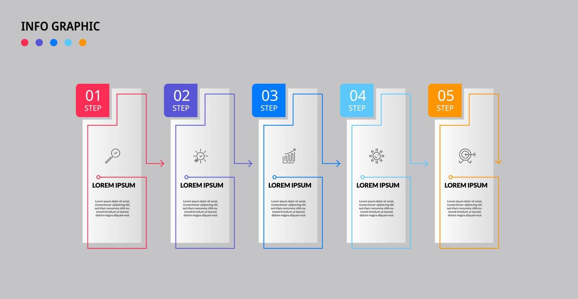 modello di business di progettazione infografica vettoriale con icone e 5 opzioni o passaggi. può essere utilizzato per diagramma di processo, presentazioni, layout del flusso di lavoro, banner, diagramma di flusso, grafico informativo