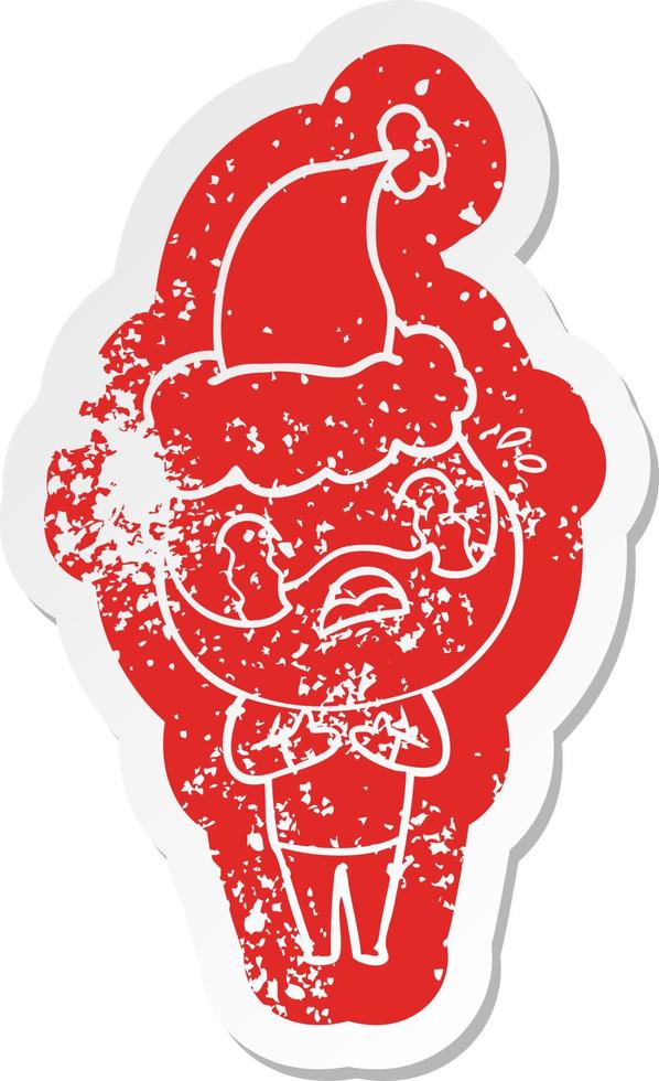 cartone animato in difficoltà adesivo di un uomo barbuto che piange indossando il cappello di Babbo Natale vettore