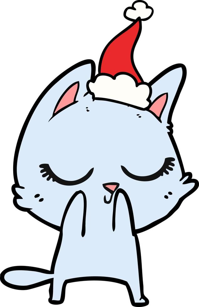 disegno a tratteggio calmo di un gatto che indossa il cappello di Babbo Natale vettore