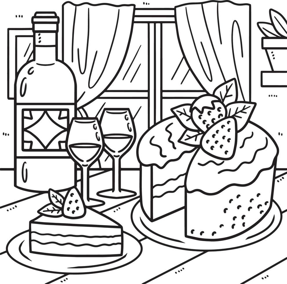 nozze torta e vino colorazione pagina per bambini vettore